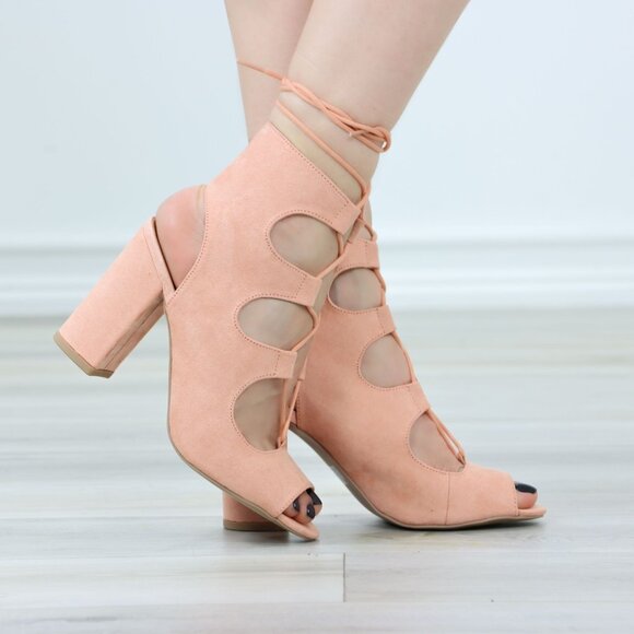 Melon Faux Suede Strappy Block High Heels Sandals Open Toe - Picture 4 of 11